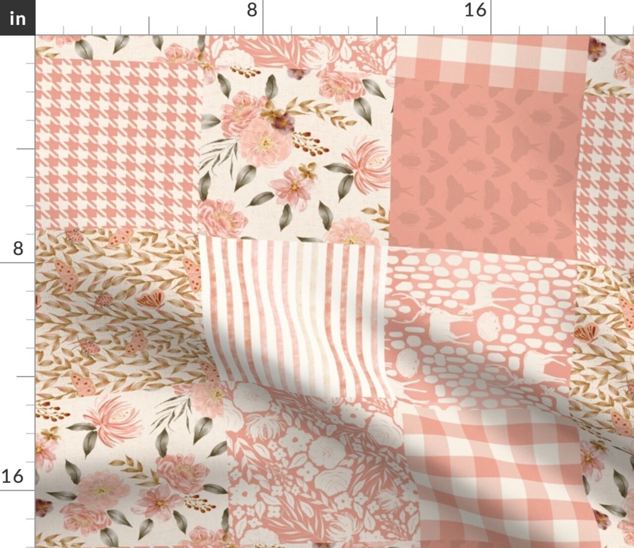 Horizontal Quilt Patchwork Floral Pink Watercolor Deer Quilt Block Cheater Quilt Gingham Stripe Flowers Houndstooth Butterfly Baby Quilt Moth Custom Printed Fabric by Spoonflower Various Fabrics by the Yard or Fat Quarter